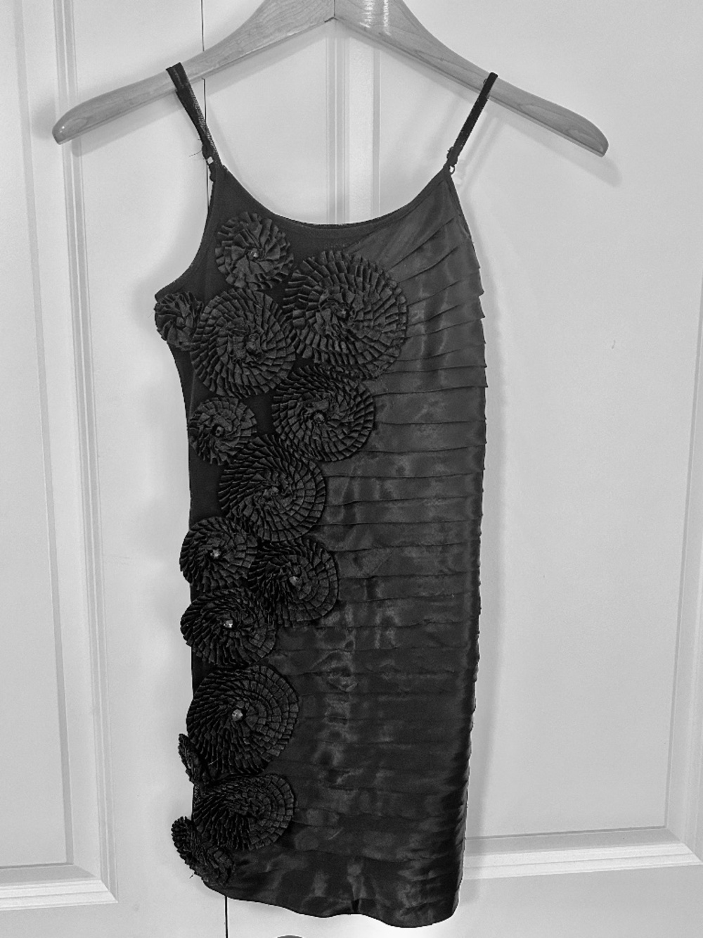 Chanel black sleeveless cocktail dress satin tiers spiral rosettes rhinestone